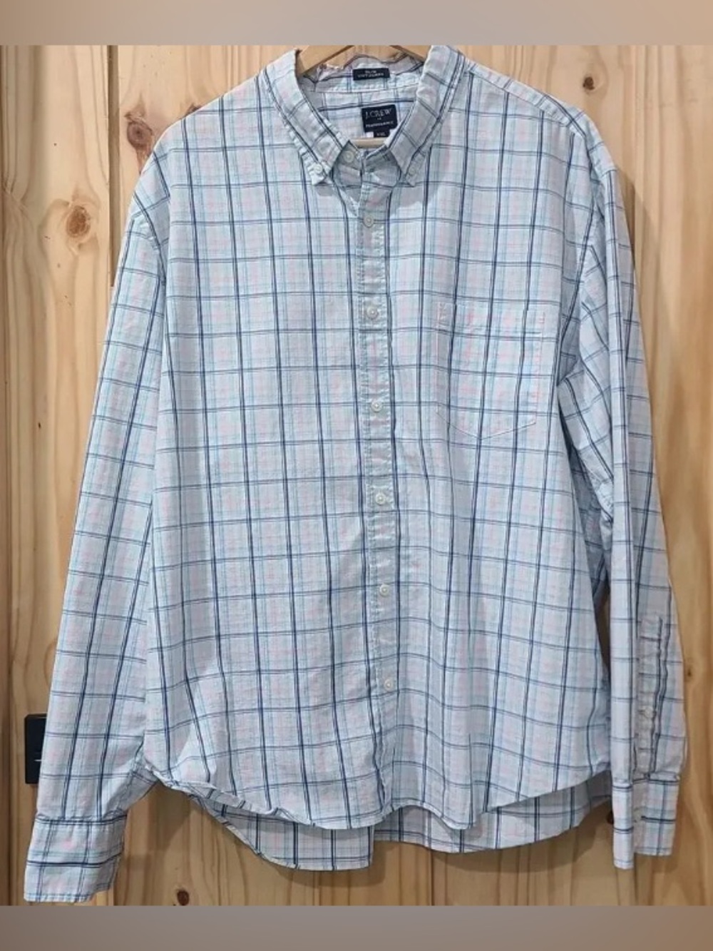 J. Crew Men's Light White Button-Down Plaid Shirt with Blue and Pink Lines